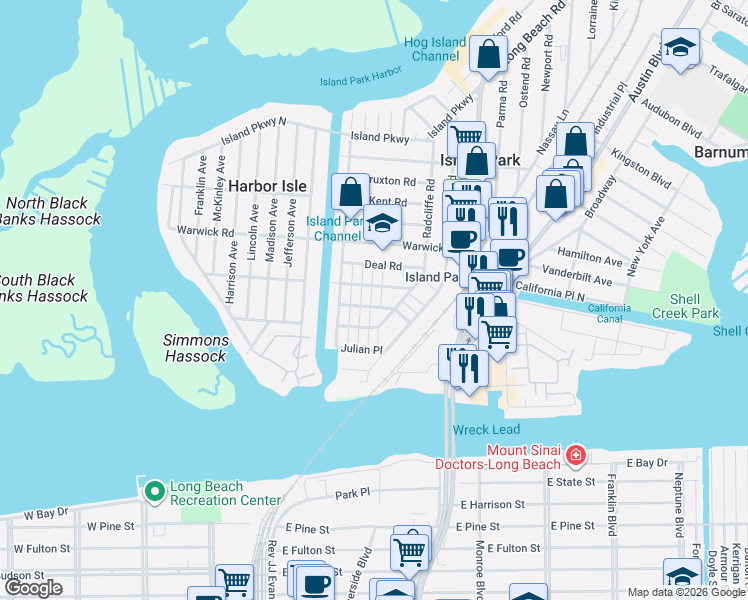 map of restaurants, bars, coffee shops, grocery stores, and more near 28 Radcliffe Road in Island Park