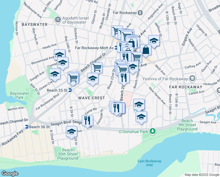 map of restaurants, bars, coffee shops, grocery stores, and more near 4-44 Beach 22nd Street in Queens