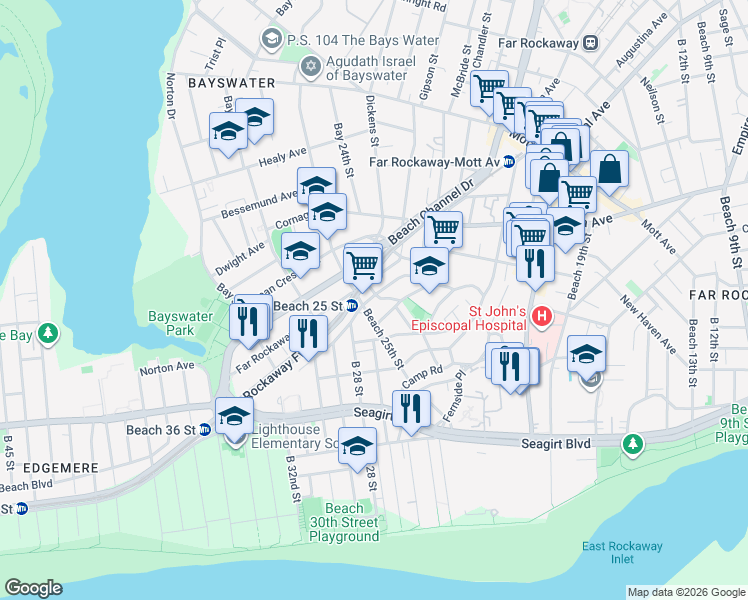 map of restaurants, bars, coffee shops, grocery stores, and more near 525 Beach 25th Street in Queens