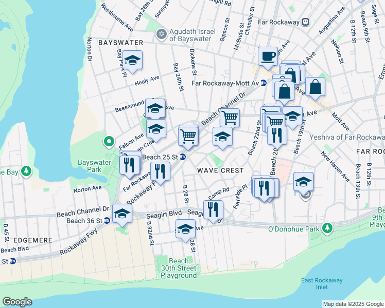 map of restaurants, bars, coffee shops, grocery stores, and more near 525 Beach 25th Street in Queens