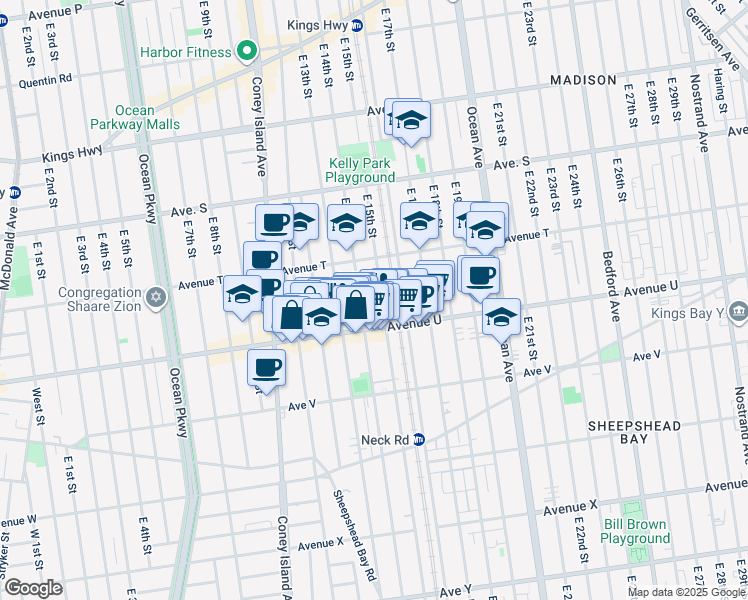 map of restaurants, bars, coffee shops, grocery stores, and more near 2074 East 14th Street in Brooklyn