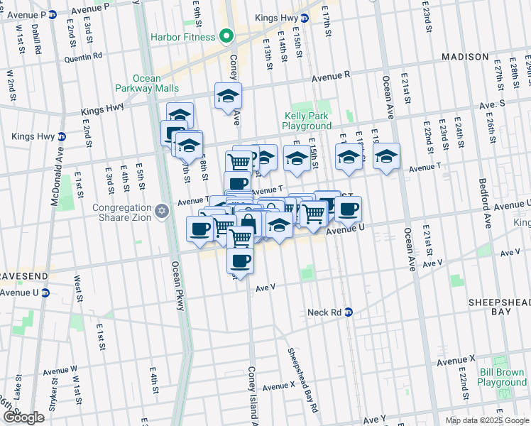 map of restaurants, bars, coffee shops, grocery stores, and more near 2066 East 12th Street in Brooklyn