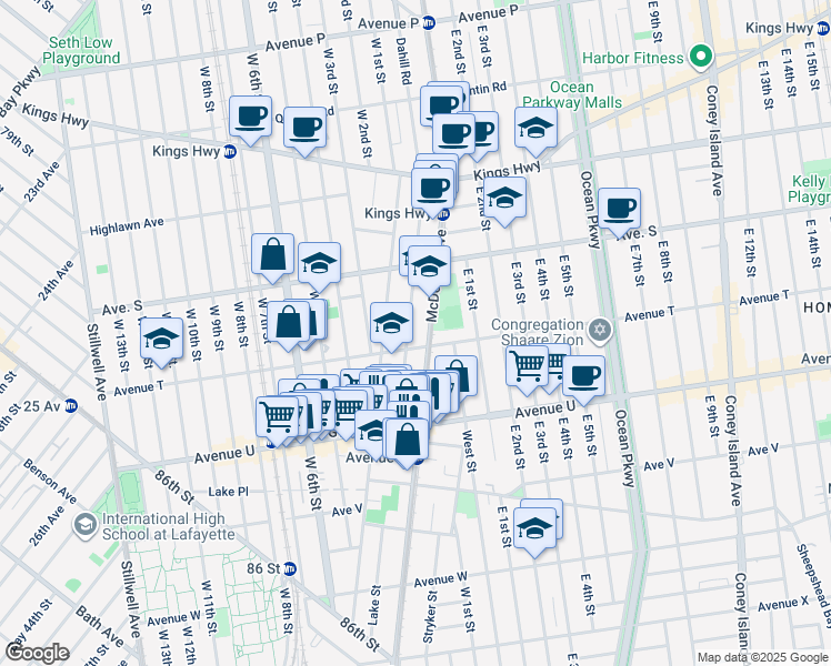 map of restaurants, bars, coffee shops, grocery stores, and more near 294 Avenue T in Brooklyn