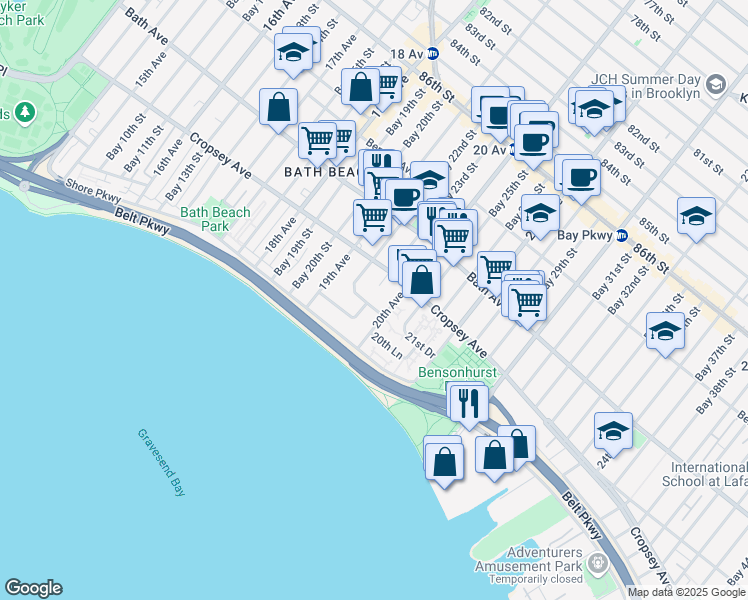 map of restaurants, bars, coffee shops, grocery stores, and more near 8871 20th Avenue in Brooklyn