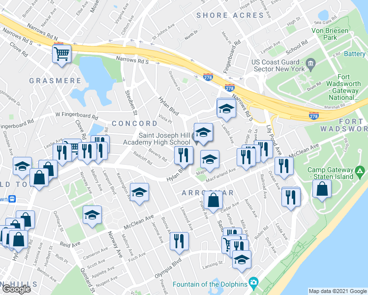 map of restaurants, bars, coffee shops, grocery stores, and more near 2 Radcliff Road in Staten Island