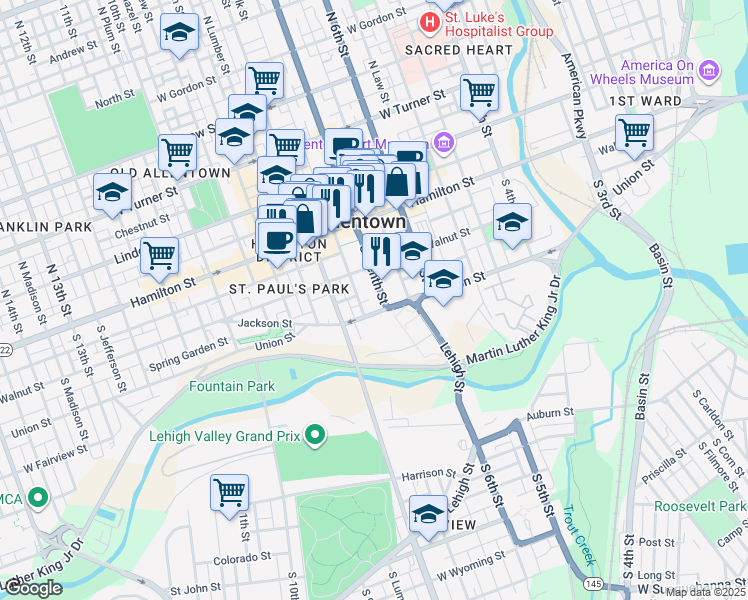map of restaurants, bars, coffee shops, grocery stores, and more near 700 Union Street in Allentown