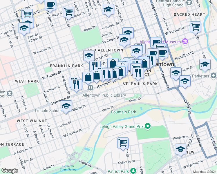 map of restaurants, bars, coffee shops, grocery stores, and more near 1029 Walnut Street in Allentown