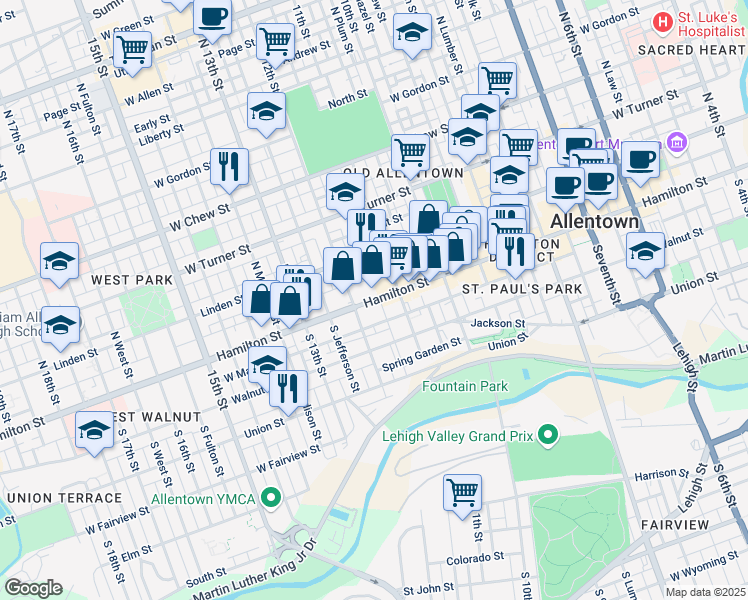 map of restaurants, bars, coffee shops, grocery stores, and more near 17 South 12th Street in Allentown