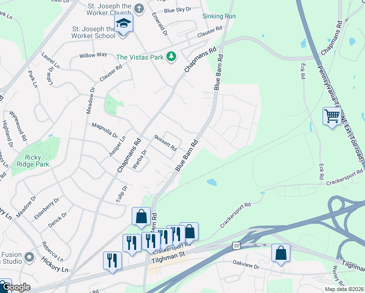 map of restaurants, bars, coffee shops, grocery stores, and more near 1236 Blue Barn Road in Allentown
