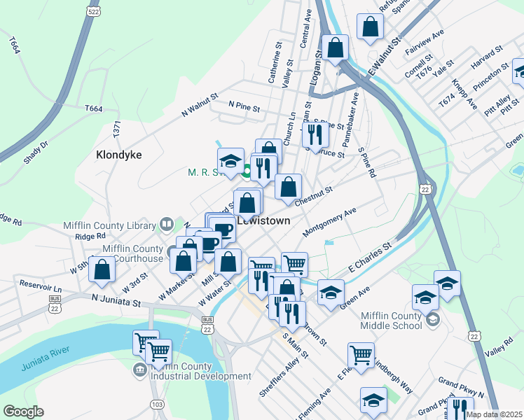 map of restaurants, bars, coffee shops, grocery stores, and more near in Lewistown