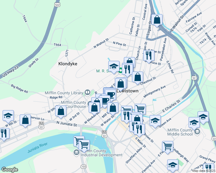 map of restaurants, bars, coffee shops, grocery stores, and more near 101 East 3rd Street in Lewistown
