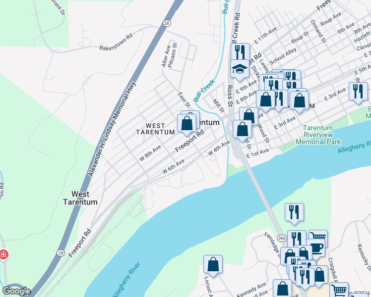 map of restaurants, bars, coffee shops, grocery stores, and more near 226 West 6th Avenue in Tarentum
