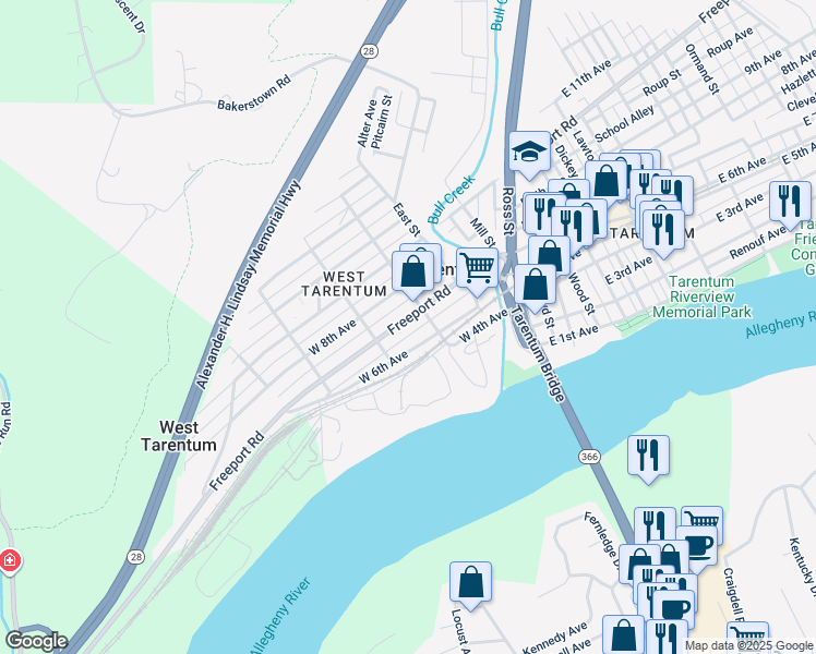 map of restaurants, bars, coffee shops, grocery stores, and more near 226 West 6th Avenue in Tarentum