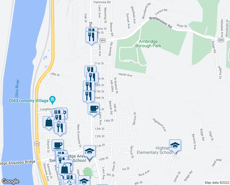map of restaurants, bars, coffee shops, grocery stores, and more near 1532 Beaver Road in Ambridge