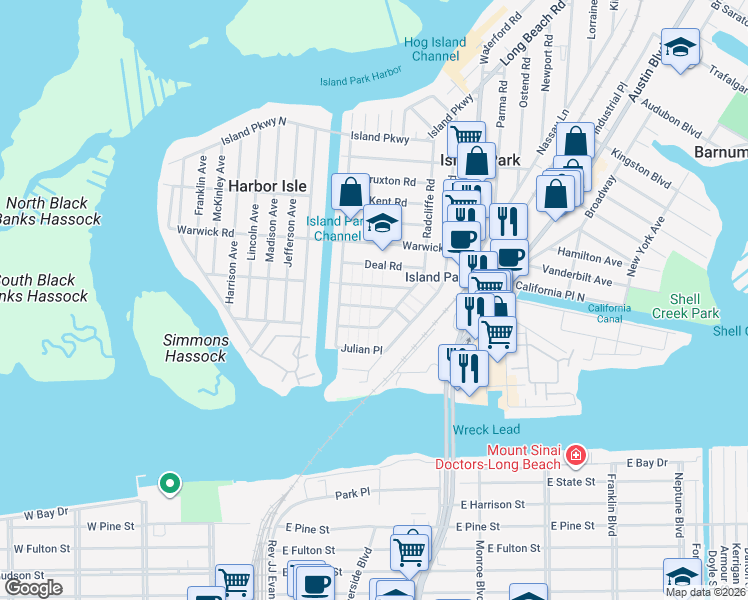 map of restaurants, bars, coffee shops, grocery stores, and more near 28 Radcliffe Road in Island Park