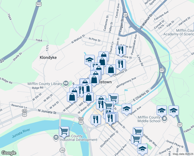 map of restaurants, bars, coffee shops, grocery stores, and more near 145 East Market Street in Lewistown