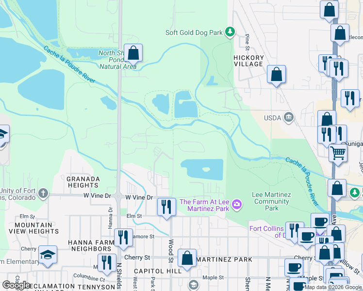 map of restaurants, bars, coffee shops, grocery stores, and more near 735 Peregoy Farms Way in Fort Collins