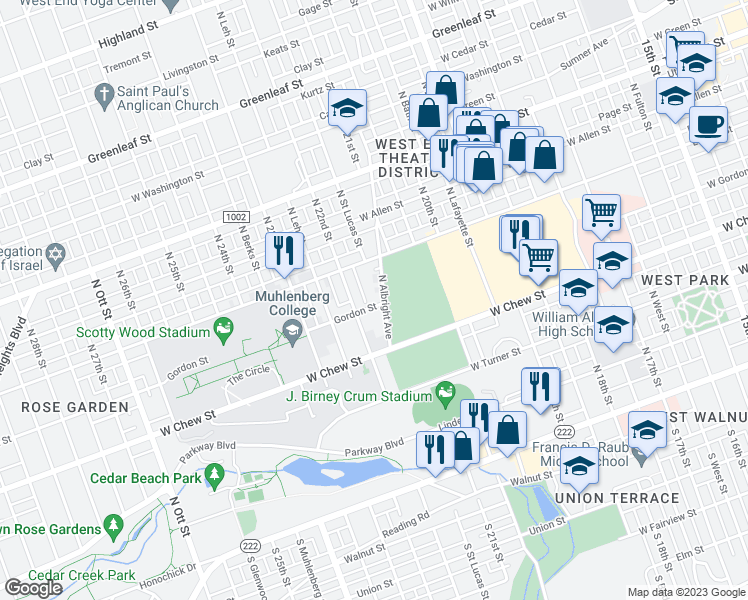 map of restaurants, bars, coffee shops, grocery stores, and more near 2125 Gordon Street in Allentown