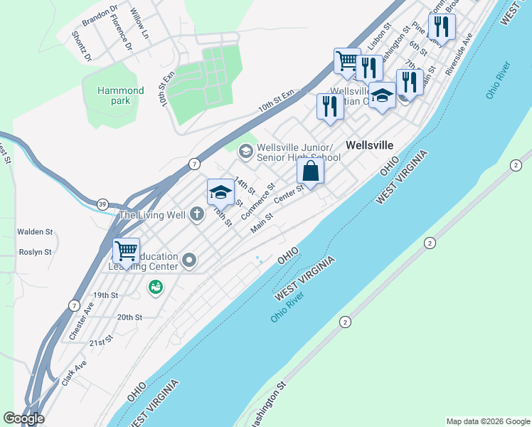 map of restaurants, bars, coffee shops, grocery stores, and more near 1433 Main Street in Wellsville