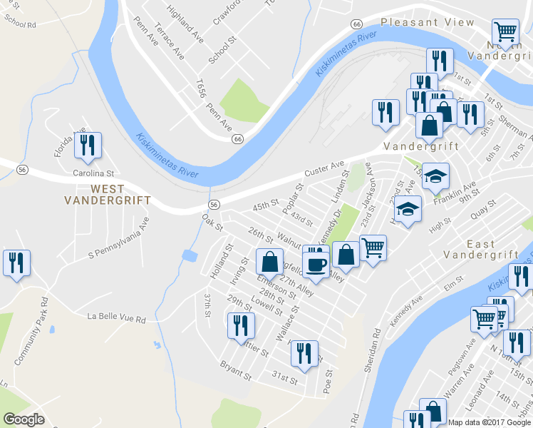 map of restaurants, bars, coffee shops, grocery stores, and more near 517 Sycamore Street in Vandergrift