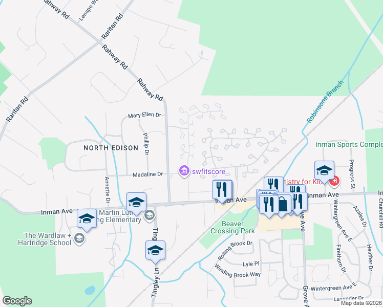 map of restaurants, bars, coffee shops, grocery stores, and more near 119 Linda Lane in Edison