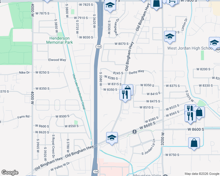 map of restaurants, bars, coffee shops, grocery stores, and more near 3522 West 8350 South in West Jordan