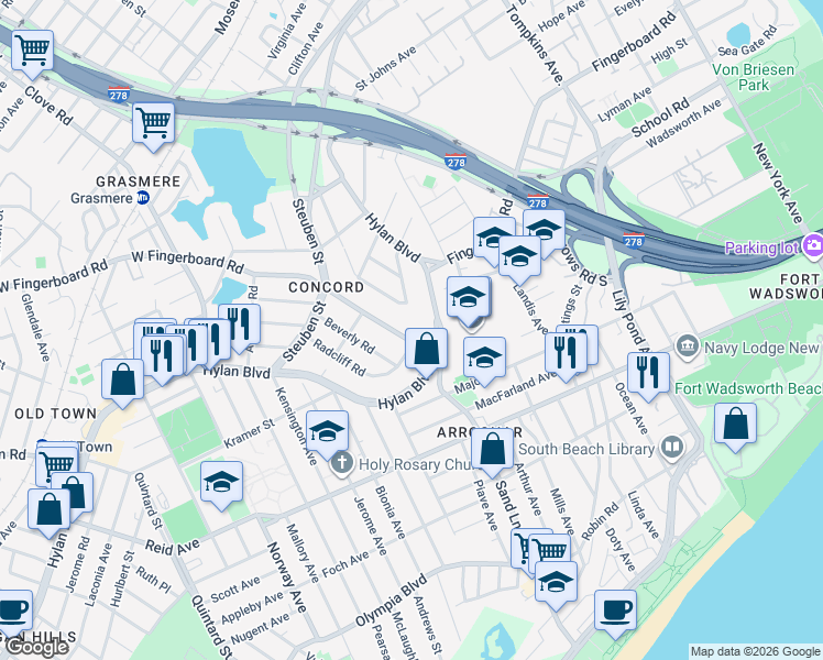 map of restaurants, bars, coffee shops, grocery stores, and more near 2 Radcliff Road in Staten Island