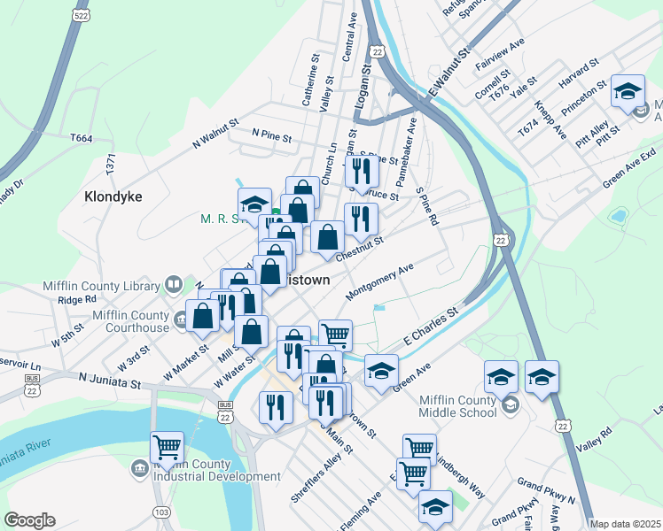 map of restaurants, bars, coffee shops, grocery stores, and more near 58 Chestnut Street in Lewistown