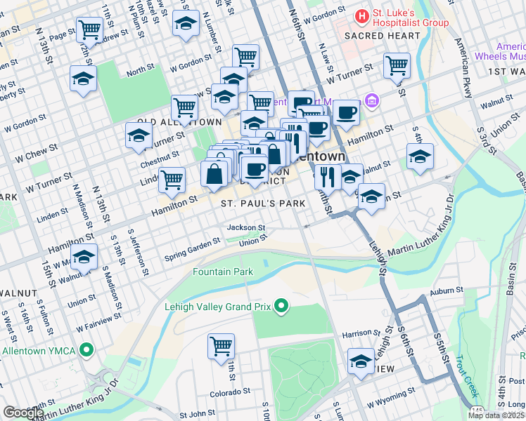 map of restaurants, bars, coffee shops, grocery stores, and more near 846 Walnut Street in Allentown