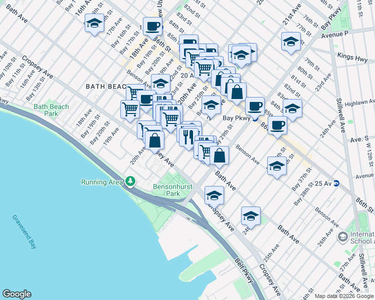map of restaurants, bars, coffee shops, grocery stores, and more near 2061 Bath Avenue in Brooklyn