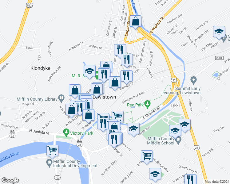 map of restaurants, bars, coffee shops, grocery stores, and more near 52 Chestnut Street in Lewistown