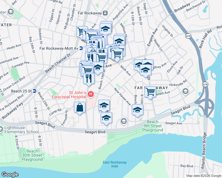 map of restaurants, bars, coffee shops, grocery stores, and more near 17-19 New Haven Avenue in Queens