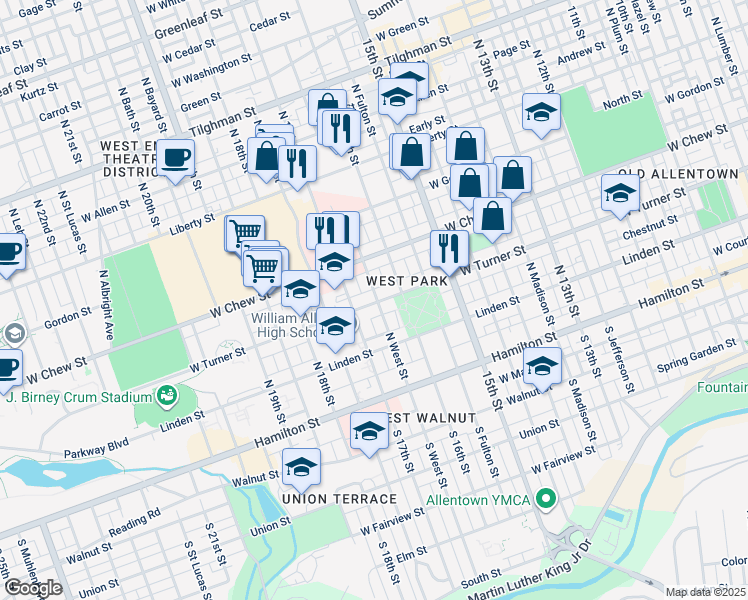 map of restaurants, bars, coffee shops, grocery stores, and more near 1627 West Turner Street in Allentown