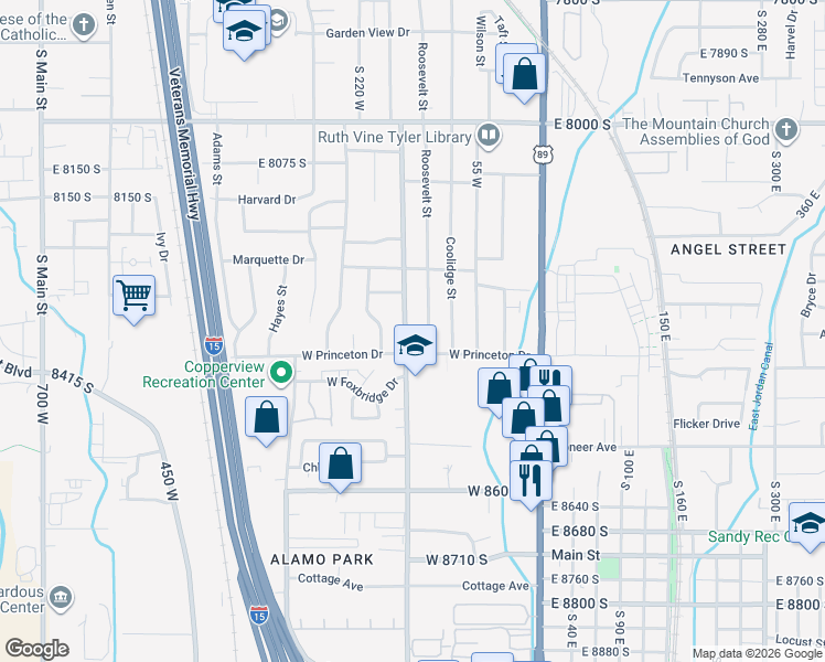 map of restaurants, bars, coffee shops, grocery stores, and more near 8298 Roosevelt Street in Midvale