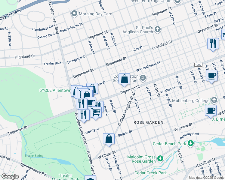 map of restaurants, bars, coffee shops, grocery stores, and more near 735 North 29th Street in Allentown