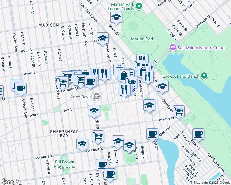 map of restaurants, bars, coffee shops, grocery stores, and more near 2141 Batchelder Street in Brooklyn