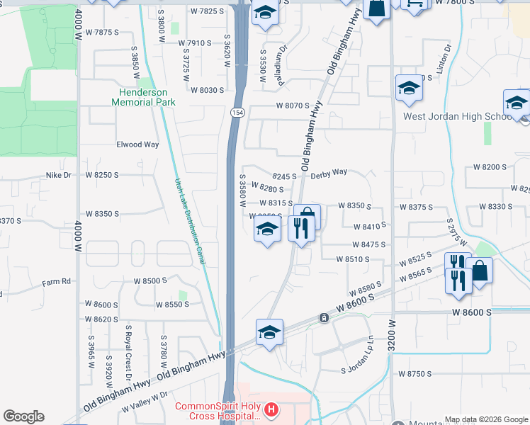 map of restaurants, bars, coffee shops, grocery stores, and more near 3522 West 8350 South in West Jordan