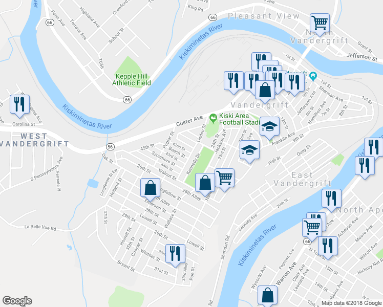 map of restaurants, bars, coffee shops, grocery stores, and more near 309 Linden Street in Vandergrift