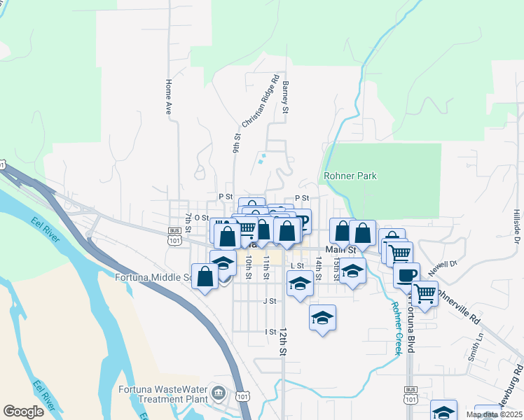 map of restaurants, bars, coffee shops, grocery stores, and more near 959 10th Street in Fortuna