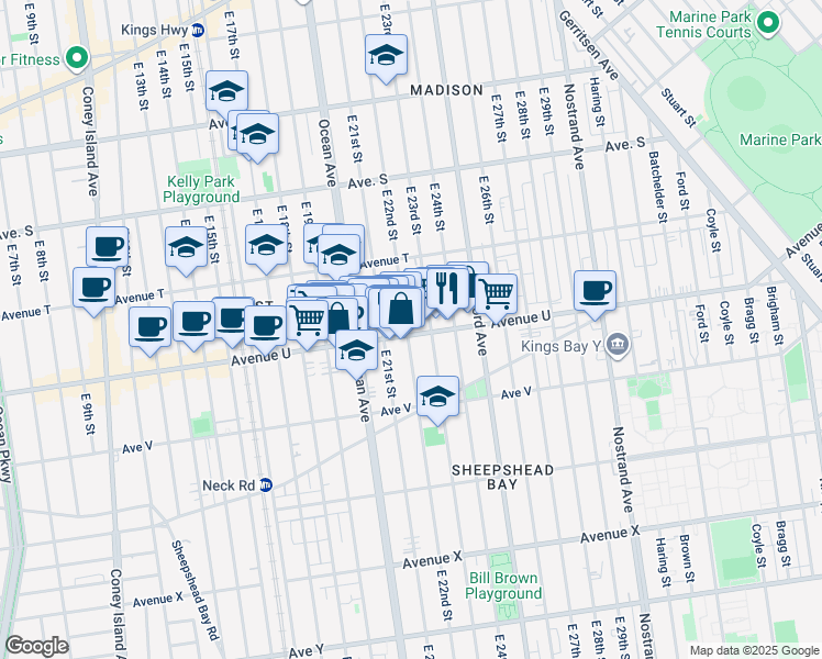 map of restaurants, bars, coffee shops, grocery stores, and more near 2078 East 22nd Street in Brooklyn