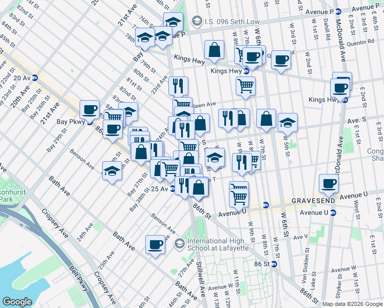 map of restaurants, bars, coffee shops, grocery stores, and more near 37 Avenue S in Brooklyn