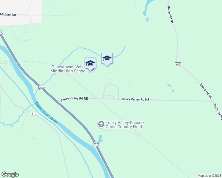 map of restaurants, bars, coffee shops, grocery stores, and more near 2633 Tusky Valley Road Northeast in Zoarville