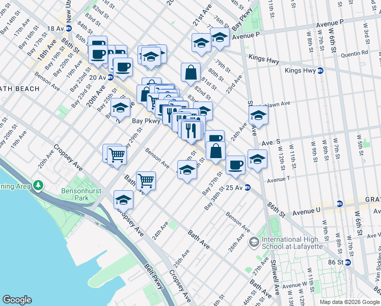 map of restaurants, bars, coffee shops, grocery stores, and more near 20 Bay 34th Street in Brooklyn