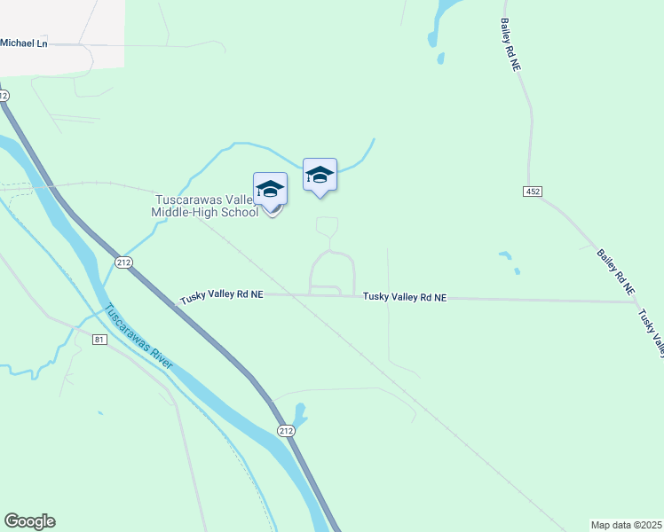map of restaurants, bars, coffee shops, grocery stores, and more near 2633 Tusky Valley Road Northeast in Zoarville