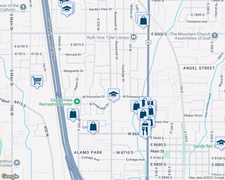 map of restaurants, bars, coffee shops, grocery stores, and more near 8343 South Monroe Street in Midvale