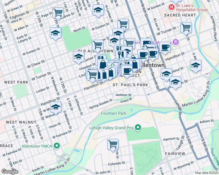 map of restaurants, bars, coffee shops, grocery stores, and more near 4 South 10th Street in Allentown