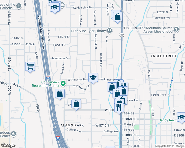 map of restaurants, bars, coffee shops, grocery stores, and more near 8343 South Monroe Street in Midvale