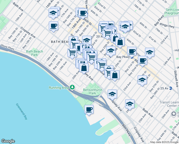 map of restaurants, bars, coffee shops, grocery stores, and more near 204 Bay 26th Street in Brooklyn