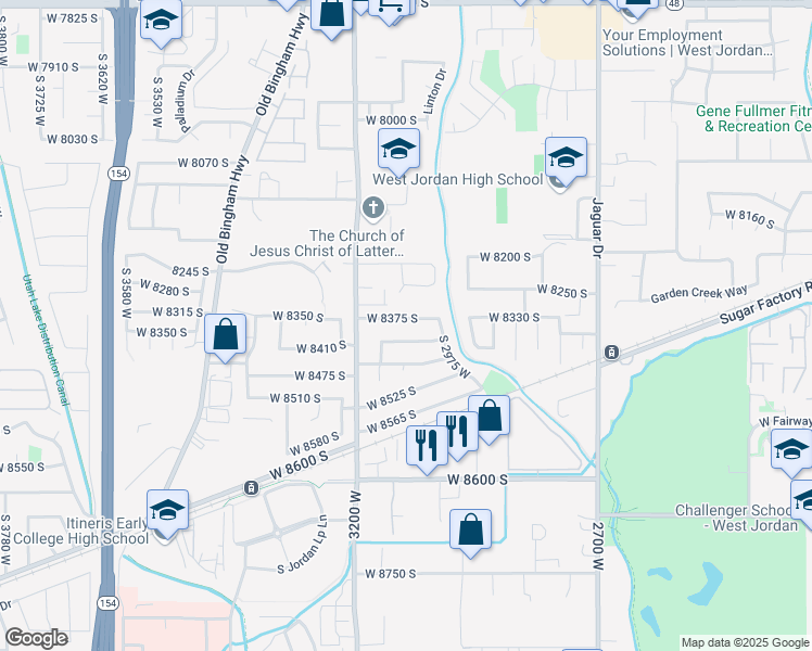 map of restaurants, bars, coffee shops, grocery stores, and more near 3103 Meadow Green Way in West Jordan