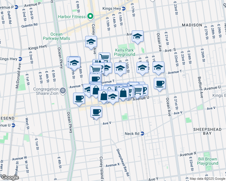 map of restaurants, bars, coffee shops, grocery stores, and more near 2012 East 13th Street in Brooklyn